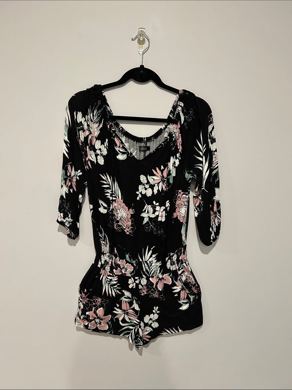 Floral Black V-Neck Women's Romper - Pink & Green Print